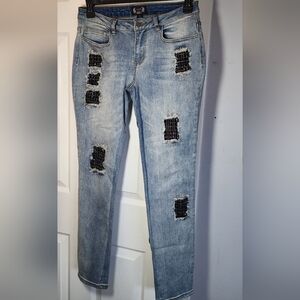 Azi Jeans womens sz 4  distressed patches with sequins straight leg grunge